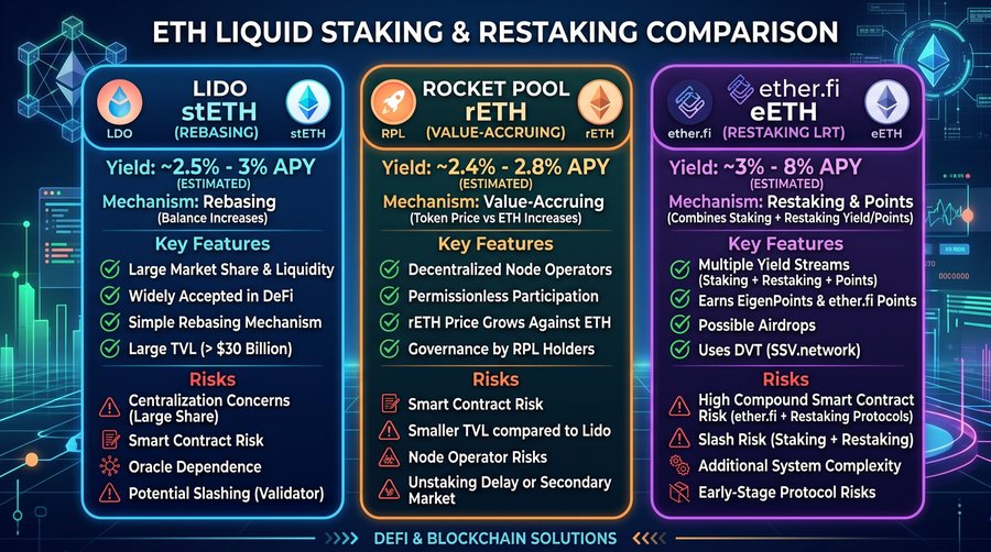 High-level trade-offs: Lido’s depth, Rocket Pool’s validator model, ether.fi’s built-in restaking.