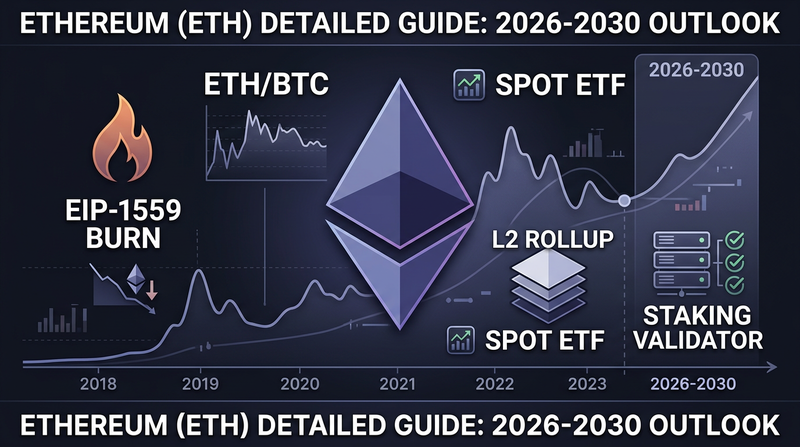 Long-term Ethereum price chart on a trading monitor next to a notebook sketching EIP-1559 burn mechanics and ETH/BTC ratio trend lines