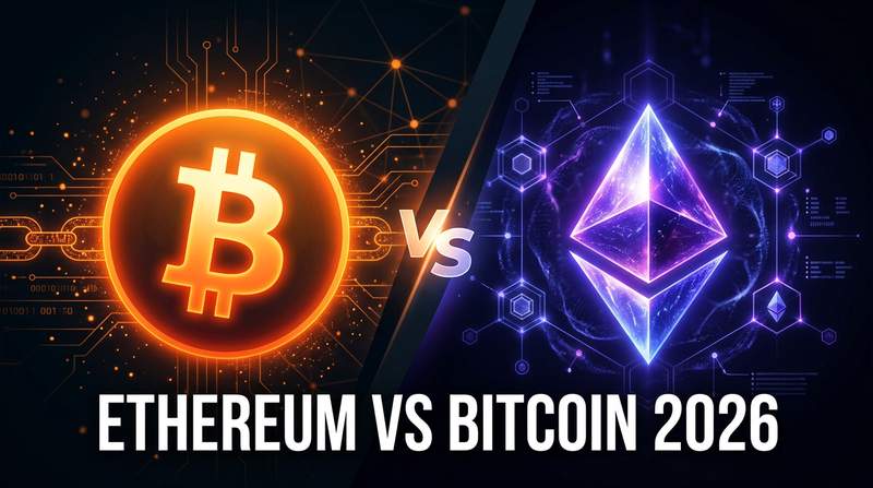 Bitcoin and Ethereum logos side by side on a trading chart screen with portfolio allocation pie chart