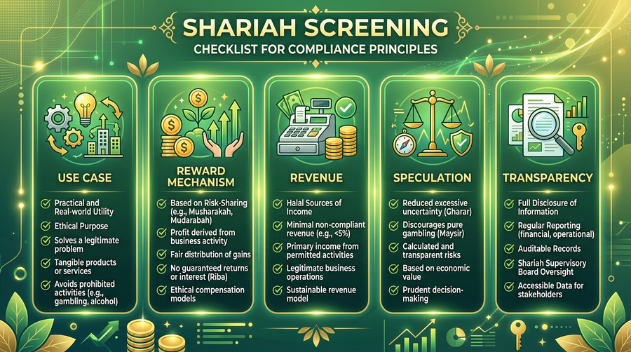 A five-gate shariah screening framework (illustrative): use case, rewards, revenue, speculation, transparency.