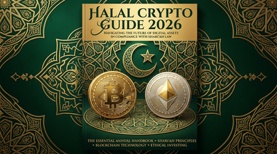 Stylised halal certification mark with a Bitcoin and Ethereum logo on a dark green editorial background