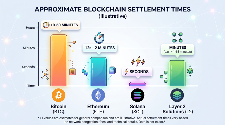 Layer-1 and L2 rough time ranges differ; exchanges add confirmation and risk holds on top.