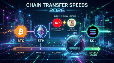 Clock showing crypto transfer times with Bitcoin, Ethereum, Solana, Lightning icons editorial