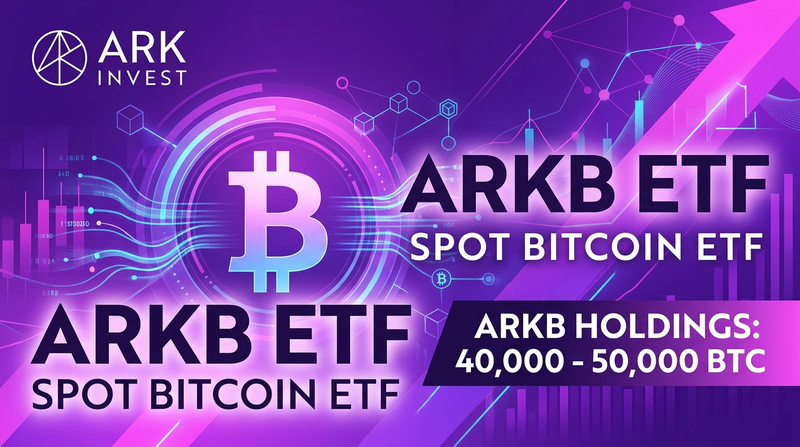 ARK Invest ARKB logo with Cathie Wood backdrop and Bitcoin holdings chart