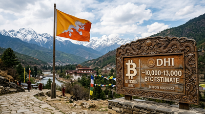 Bhutan mountains with hydroelectric dam and Bitcoin mining facility silhouette