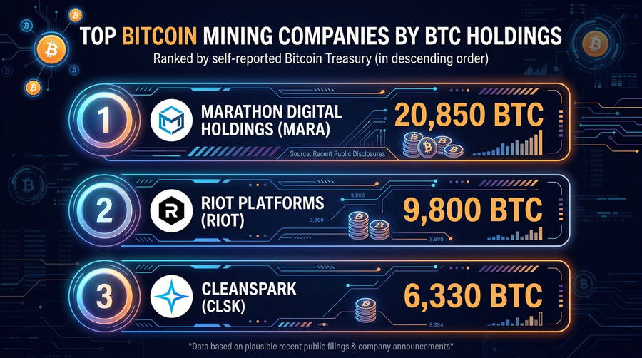 Miner treasury ranking (illustrative): MARA, RIOT, CLSK.