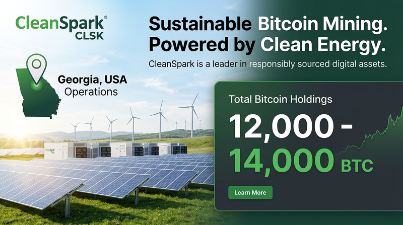 CleanSpark logo with mining facility and Bitcoin treasury growth chart