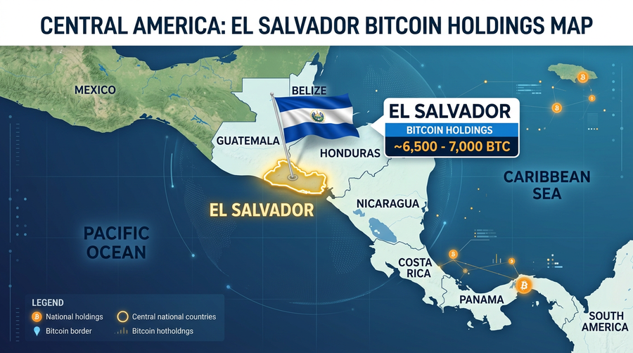 El Salvador on the map with approximate disclosed sovereign BTC (mid-2026).