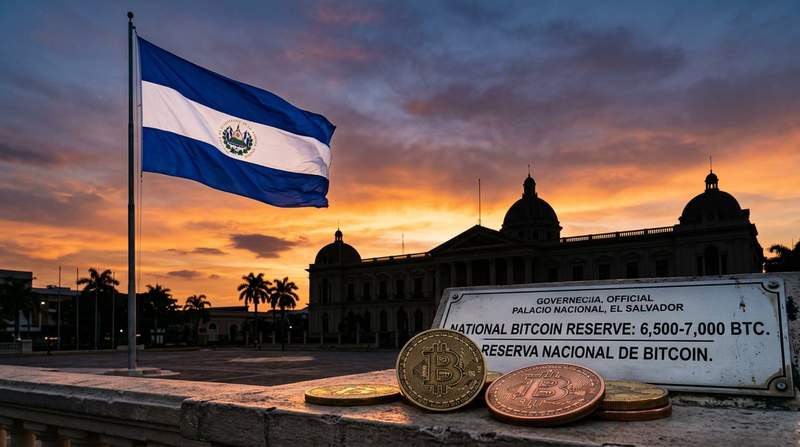 El Salvador flag with Bitcoin accumulation chart showing holdings growth 2021-2026