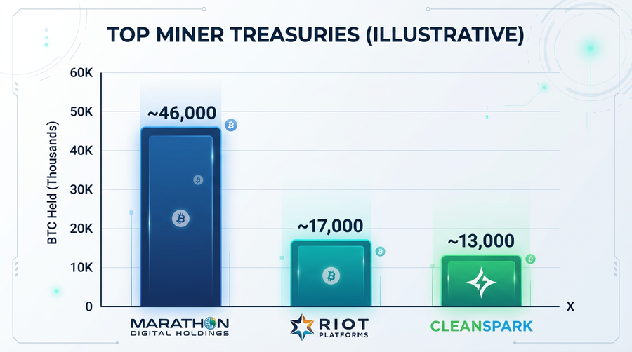Public-miner Treasury BTC (illustrative): Marathon vs Riot vs CleanSpark.