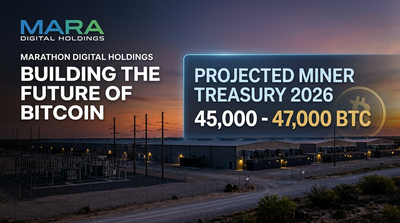 Marathon Digital MARA logo with ASIC miners and Bitcoin treasury chart