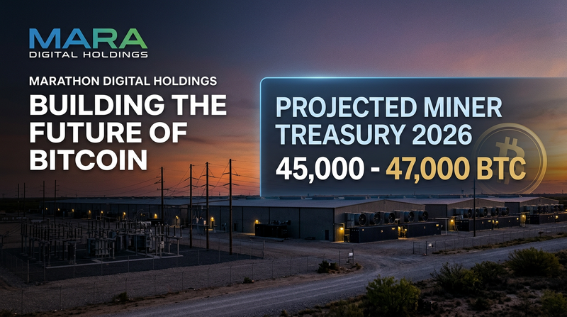 Marathon Digital MARA logo with ASIC miners and Bitcoin treasury chart