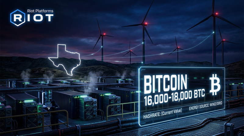Riot Platforms logo with Texas mining facility and Bitcoin accumulation chart