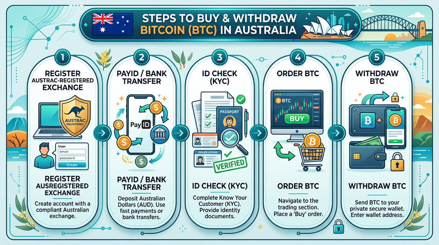 On-ramp steps: ID verification, bank transfer in AUD, buy BTC, move to self-custody.