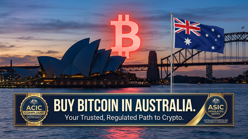 Australian map with Bitcoin logo, AUD notes and Sydney Opera House in background