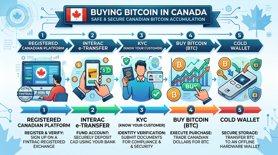 CAD to BTC via registered platforms; optional spot ETF in TFSA/RRSP.