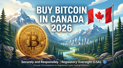 Canadian flag with Bitcoin logo and CAD banking icons on editorial background
