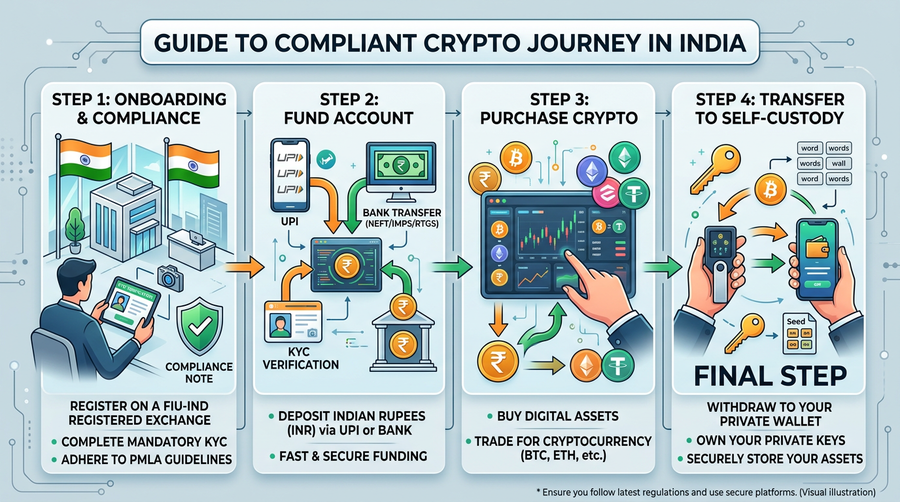 KYC, INR deposit, and compliance-aware path to VDA exposure (incl. tax awareness).