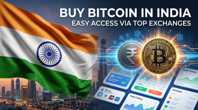 Indian flag with Bitcoin logo, INR currency and Mumbai skyline silhouette