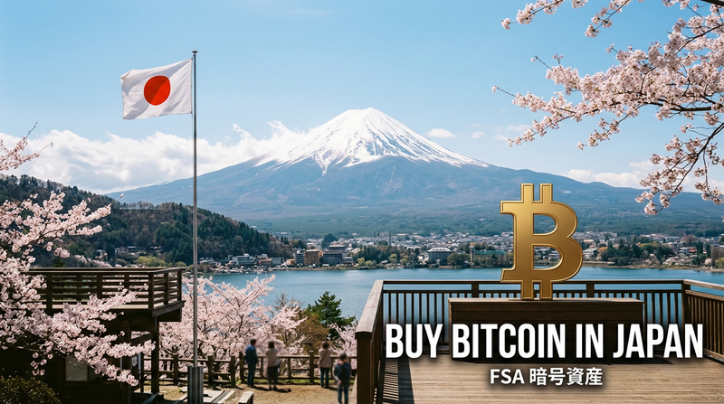 Tokyo skyline with Bitcoin logo and yen banknotes on editorial background