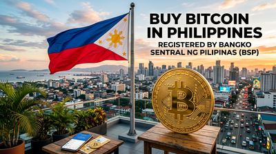 Philippine flag with Bitcoin logo, GCash app icon and Manila skyline