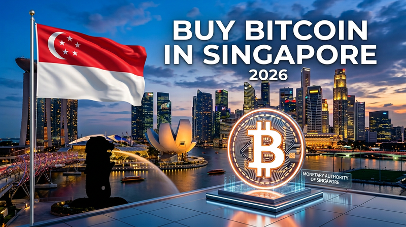 Singapore skyline with Bitcoin logo and SGD currency exchange indicators