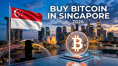 Singapore skyline with Bitcoin logo and SGD currency exchange indicators
