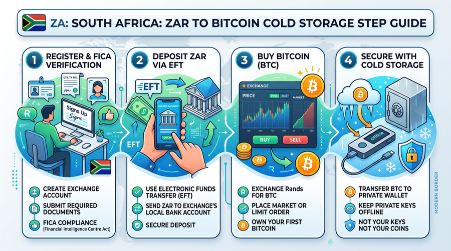 ZAR to BTC via a CASP: FIC/KYC, EFT, then cold storage.