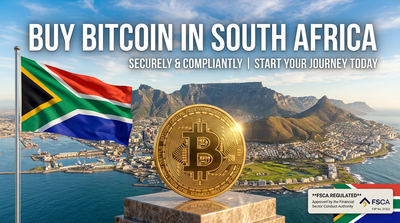 South African flag with Bitcoin logo, ZAR notes and Johannesburg skyline