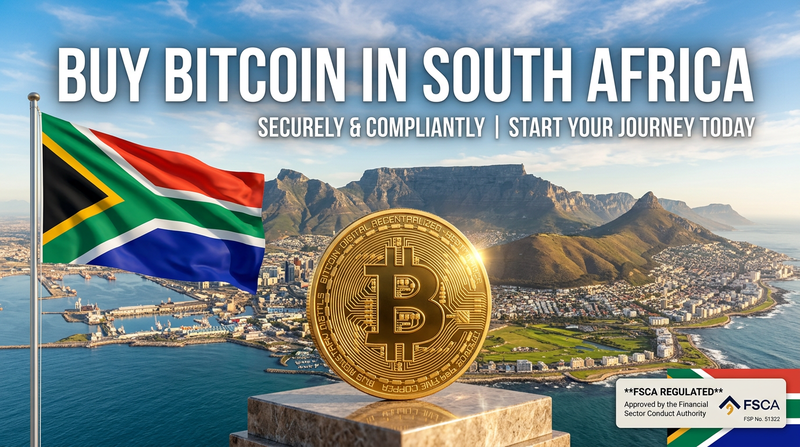 South African flag with Bitcoin logo, ZAR notes and Johannesburg skyline