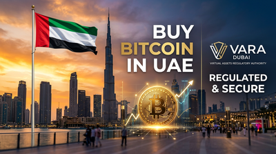 Dubai skyline with Burj Khalifa, Bitcoin logo and AED currency indicators