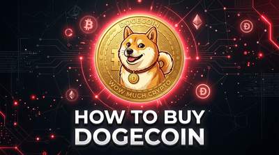 A laptop displaying a DOGE price chart with the Dogecoin Shiba Inu logo