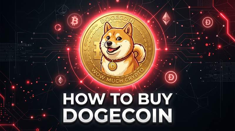 A laptop displaying a DOGE price chart with the Dogecoin Shiba Inu logo