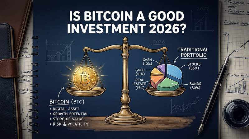 Retail investor's notebook with Bitcoin allocation calculations next to a laptop showing a long-term price chart