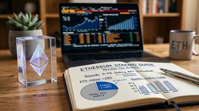 Investor's desk with an Ethereum logo, notebook with staking yield calculations, and a laptop showing a multi-year ETH chart