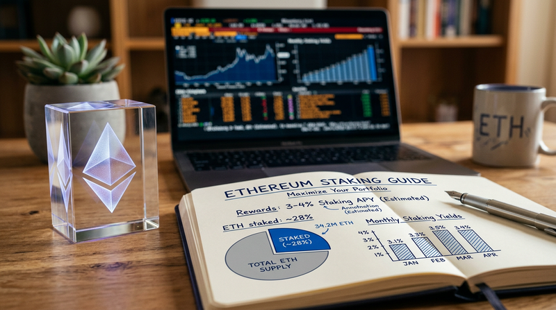 Investor's desk with an Ethereum logo, notebook with staking yield calculations, and a laptop showing a multi-year ETH chart