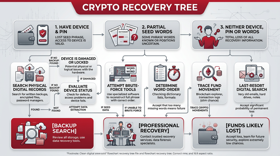 Recovery options depend on whether you still have the device, partial words, or neither—most total-loss cases are not recoverable.