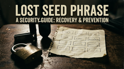 A crumpled seed phrase paper next to a locked hardware wallet on a dark editorial desk