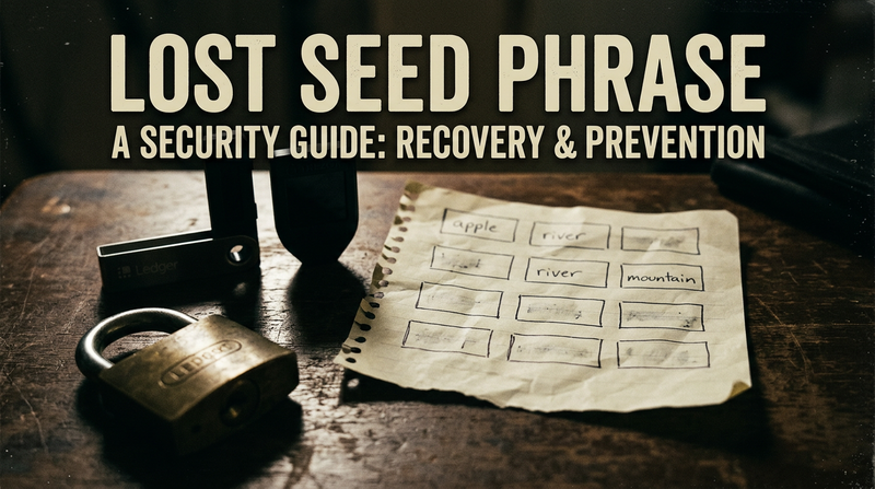 A crumpled seed phrase paper next to a locked hardware wallet on a dark editorial desk