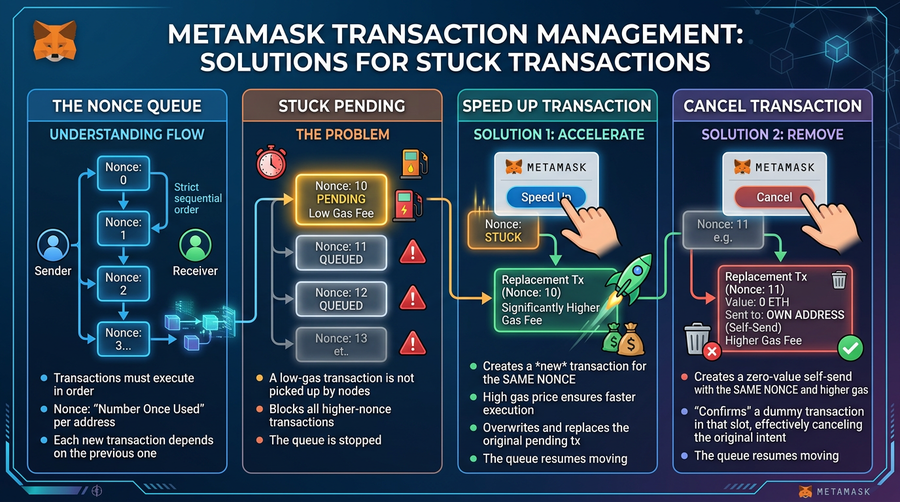 Gas, nonce order, and EIP-1559 fields — Speed up / Cancel work by replacing the same nonce with higher fee.
