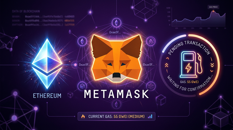 MetaMask fox logo with pending transaction loading concept editorial