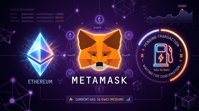 MetaMask fox logo with pending transaction loading concept editorial