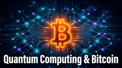 Stylized diagram of a quantum computer next to a Bitcoin logo