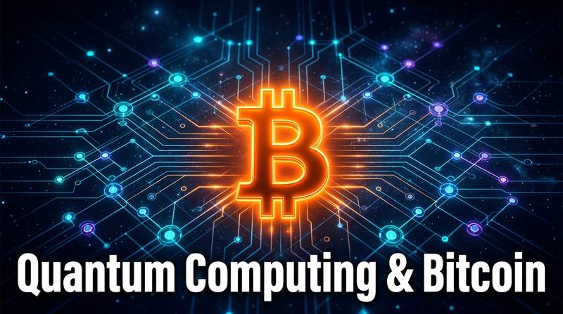Stylized diagram of a quantum computer next to a Bitcoin logo