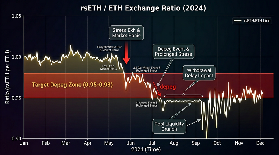Illustrative rsETH/ETH discount under exit pressure: delays and pool liquidity, not only “bad code.”