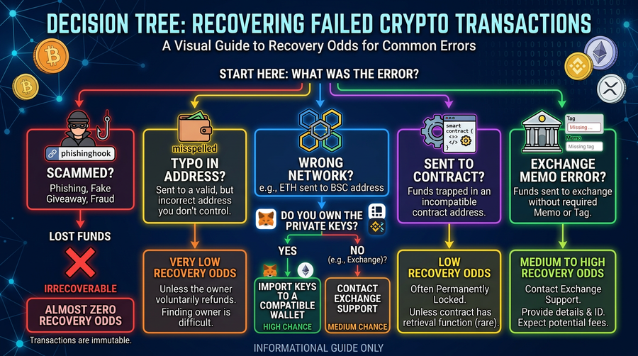 Wrong-network vs typo vs exchange tag errors have very different recovery odds; watch for fake “recovery” scams.