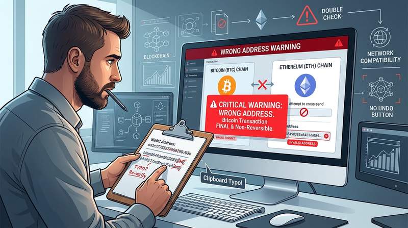 Bitcoin transaction sent to wrong address error concept with confused user editorial
