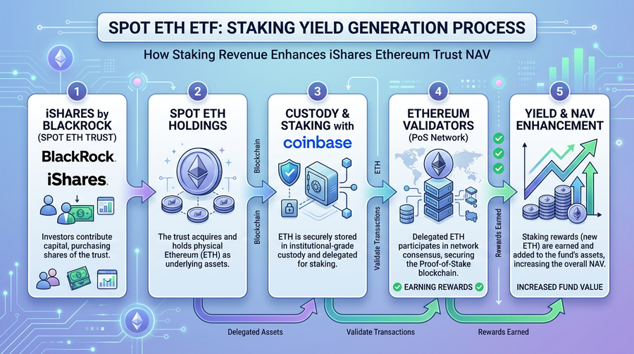 Illustrative flow from ETF shares to staking yield in NAV (net ~2–3% after fees).