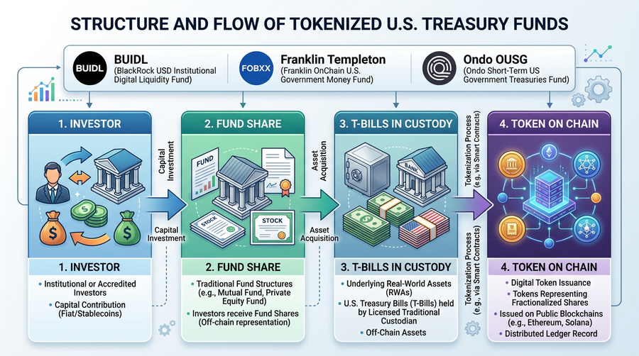 High-level path from investor to Treasury exposure via a legal wrapper and on-chain token.