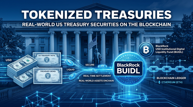 US Treasury building with blockchain token overlay and BlackRock BUIDL logo on editorial background